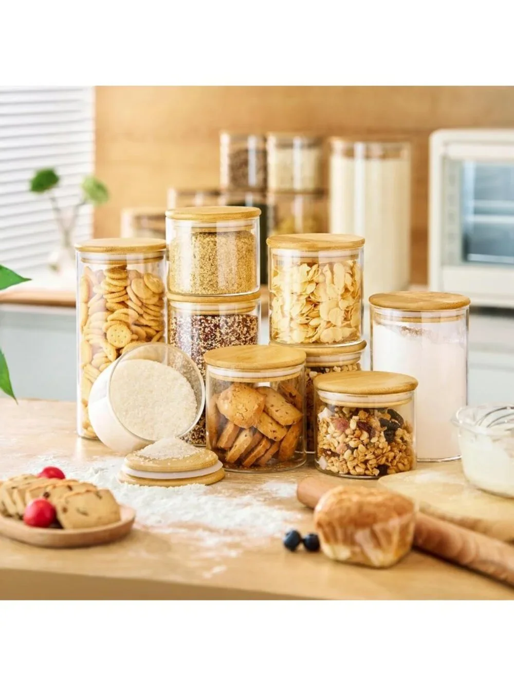 Airtight Glass Storage Jars with Bamboo Lids - Set of 8 Canisters for Kitchen